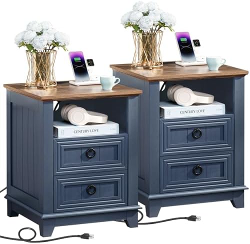 18" Farmhouse Night Stands Set of 2 with Charging Station, 2 Drawers End Table Dresser for Bedroom, Blue Wooden Nightstand, Bed Side Table with Open Shelf, Bedside Cabinet for Living Room