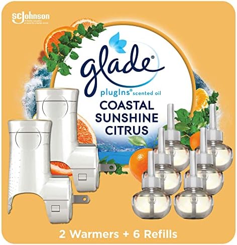 Glade PlugIns Refills Air Freshener Starter Kit, Scented and Essential Oils for Home and Bathroom, Coastal Sunshine Citrus, 4.02 Fl Oz, 2 Warmers + 6 Refills