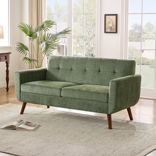 Tbfit 65" W Loveseat Sofa, Mid Century Modern Couches Love Seats for Living Room, Button Tufted Upholstered Small Couch for Bedroom, Solid and Easy to Install Love Seats Furniture, Green