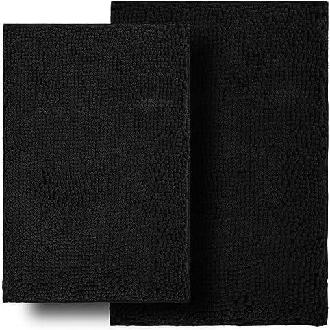 BOANKODU Bathroom Rugs Sets 2 Piece, Ultra Soft Absorbent Bath mat Chenille Bathroom Rug, Antiskid Bath mats Washable Bathroom mat (20x32 inch + 16x24 inch) Black