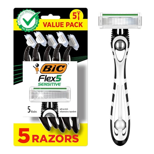 BIC Flex 5 Sensitive Men's Disposable with 5 Blade Razors, Longer Lasting Flexible Blades and Precision Edging Blade, 5-Pack