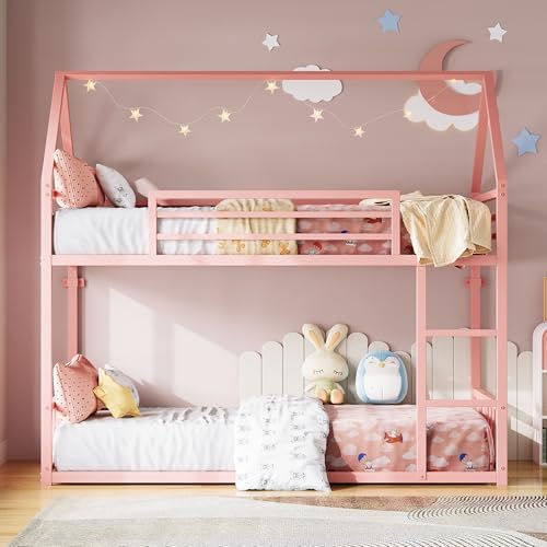 LIKIMIO Bunk Bed Twin Over Twin, House Bunk Bed Frame with Ladder and Guardrail, House Shaped with Metal Slats for Dormitory and Bedroom, Space Saving, No Box Spring Needed, Pink