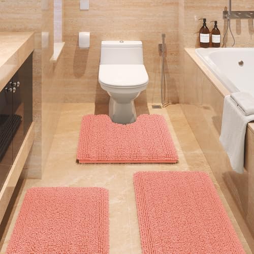 ACCUMTEK Striped Coral Bathroom Rug Set 3 Pieces Ultra Soft, Non Slip Chenille Toilet Mat, Absorbent Plush Shaggy Bath Mats for Bathroom, Bedroom, Kitchen