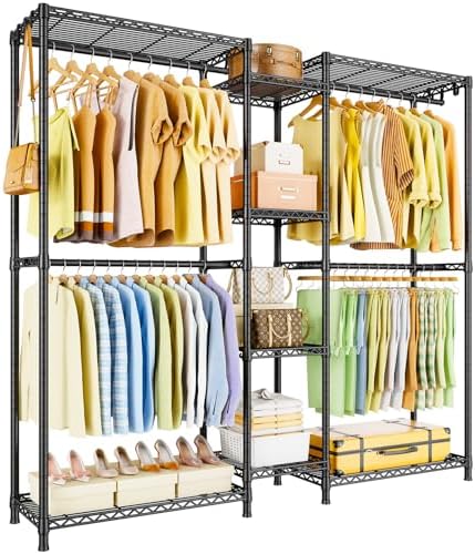 Ulif E4 Clothes Rack, Heavy-Duty Garment Rack, Metal Freestanding Clothing Organization Storage System Can Be L-Shaped with Shelves and Hangers, Max Load 962lbs, 71.6" W x 14.5" D x 79.3" H, Black