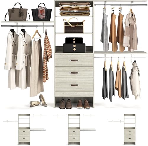 armocity 96 Inches Closet System, 8FT Walk In Closet Organizer with 3 Shelving Towers, Heavy Duty Clothes Rack with 3 Drawers, Built-In Garment Rack, 96" L x 16" W x 75" H, Load 1000 LBS, White Oak