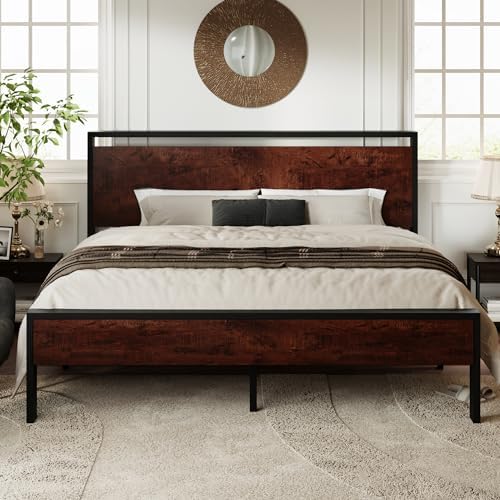 Allewie King Size Platform Bed Frame with Wooden Headboard and Footboard, Heavy Duty 12 Metal Slats Support, No Box Spring Needed, Under-Bed Storage, Noise Free, Easy Assembly, Mahogany