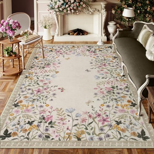 Wonnitar Washable 8x10 Rug, Non-Slip Soft Floral Rugs for Living Room, Ultra-Thin Large Bedroom Rug, Botanical Area Rug Floor Carpet for Dining Table (Beige,8'x10')