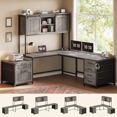 SEDETA Farmhouse L Shaped Office Desk with 6 Drawer, Reversible Computer Corner Desk with Power Outlet and Hutch, Home Office Desk with File Drawer & Printer Storage Shelves for Two Person, Grey