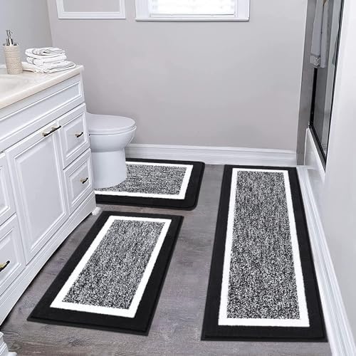 Pauwer Bathroom Rug Mat Set 3 Piece, Microfiber Shaggy Bath Set, Non-Slip Ultra Soft Carpet Mats, Absorbent with U-Shaped Toilet for Bathroom, Tub, Shower, Black