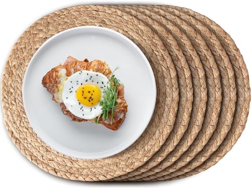 Aofmee 12 inch Round Woven Placemats Set of 6, Boho Rattan Place Mats, Natural Water Hyacinth Table Placemats, Farmhouse Weave Table Mats, Rustic Braided Wicker Charger Plates for Dining Table Decor