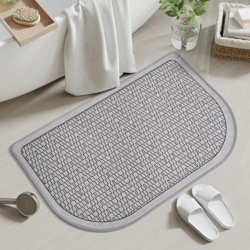 Bathroom Rugs Mat 20x31, Non Slip Ultra Thin Bath Mat Quick Dry Absorbent Washable Woven Half Round Bath Mats for Bathroom Floor Rubber Backed Fit Under Door Grey