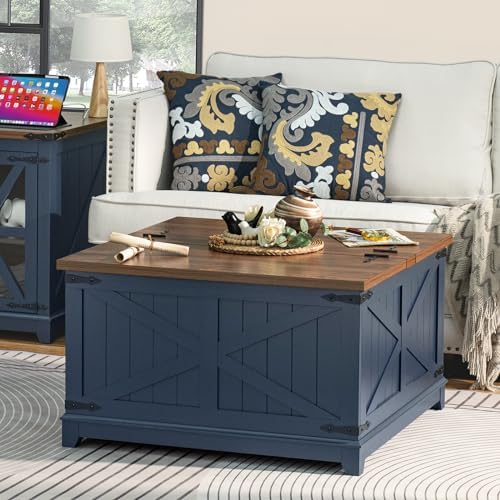 Farmhouse Coffee Table with Hidden Storage Organizer, Modern Square Large Center Table, Wood Farm House Low Navy Blue Living Room Tables with Hinged Lift Top for Home, Office