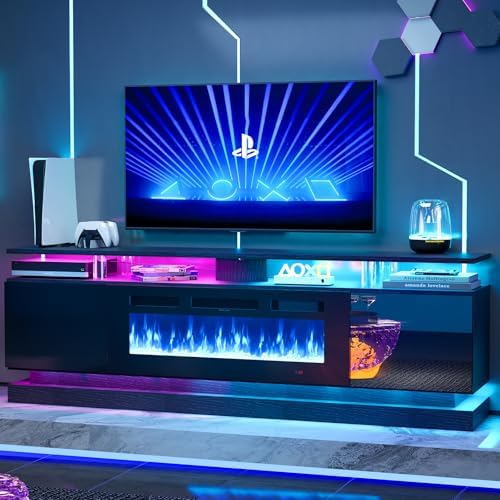 70" Fireplace TV Stand, Modern Entertainment Center for TVs Up to 80”, TV Console with Storage Cabinets, Media Console for Living Room, Black TV Stand and Black Fireplace