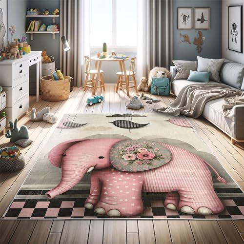 Ambesonne Elephant Decorative Rug, Modern Birds with Plaid Detail and Clouds Floral Ornate Olifant Print, Quality Carpet for Bedroom Dorm and Living Room, 2' x 5', Pastel Pink Grey Yellow