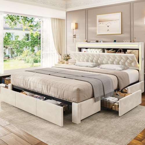 BTHFST King Upholstered LED Bed Frame with 5 Drawers, Velvet Hidden Storage Headboard with Charging Station, Button Tufted Headboard and Heavy Duty Metal Slats Support, No Box Spring Needed, Beige