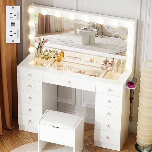 VOWNER Vanity with Lighted Mirror - Makeup Vanity Desk with Glass Top and 11 Drawers, 3 Color Lighting Modes Adjustable Brightness, 46" Vanity Table with Soft Cushioned Stool for Bedroom, White