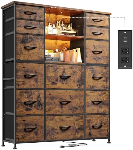EnHomee 51" H Dresser with 15 Drawers Dresser for Bedroom with Charging Station & LED Lights & Hutch Sturdy Fabric Bedroom Dressers, Steel Frame, Wood Top, Rustic Brown, 51.2" H x 39.3" W x 11.8" D