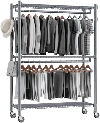 Homdox Rolling Clothes Rack Heavy Duty, 3-Tier Adjustable Wire Shelving Garment Organizer with Double Rods & Hooks, Portable Clothes Rack with Wheels, 17.72" D x 47.24" W x 80.71" H, Grey