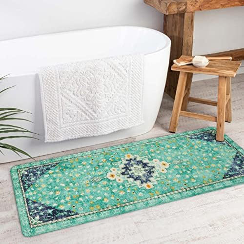 Uphome Boho Vintage Bathroom Runner Rug Green Non-Slip Soft Long Bathroom Rugs Machine Washable Oriental Bath Mat Traditional Tribal Floral Floor Mats for Sink Shower Bathtub, 18x47 inch