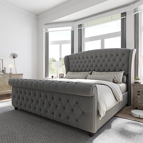 AMERLIFE King Size Platform Bed Frame, Velvet Upholstered Sleigh Bed with Scroll Wingback Headboard & Footboard/Button Tufted/No Box Spring Required/Grey