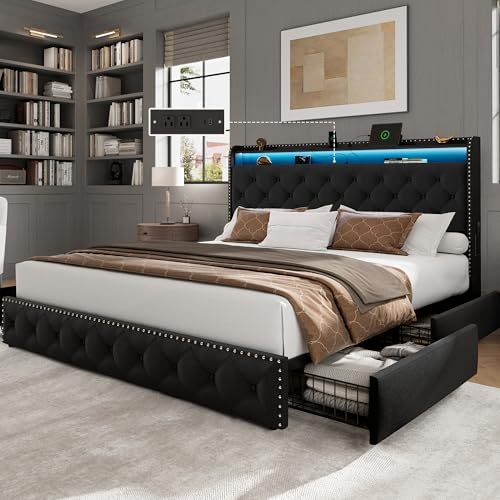 LARMACE King Size Bed Frame with 4 Storage Drawers Velvet Upholstered Tufted Bed Frame King Platform with LED Lights&USB Type-C Charging Station,Heavy Duty/No Box Spring Needed, Easy Assembly,Black