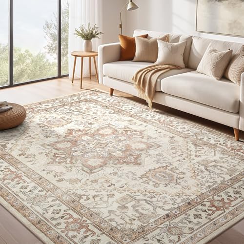 Washable Rug 9x12 Area Rugs: Boho Vintage Distressed Oriental Medallion Neutral Thin Large Rug Carpet for Living Room Bedroom Dining Room Home Office Decor - Beige