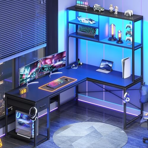 SEDETA L Shaped Gaming Desk, 51.2" Reversible Small Corner Desk with Drawer, Power Outlet & LED Lights, Computer Desk with Storage Shelves for Small Space, Black