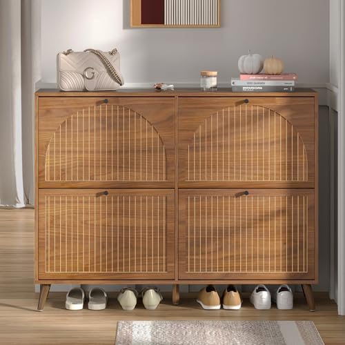 Shoe Storage Cabinet for Entryway with 4 Flip Drawers, Narrow Shoe Organizer with Fluted Panel, Freestanding Wood Hidden Shoe Cabinet for Foyer, Hallway (Walnut, 4 Flip Drawers)
