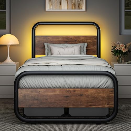 Catrimown Twin Bed Frame with LED Lights, Heavy Duty Metal Rustic Twin Platform Bed Frame with Wood Headboard, Under Bed Storage, Noise Free, No Box Spring Needed, Rustic Brown
