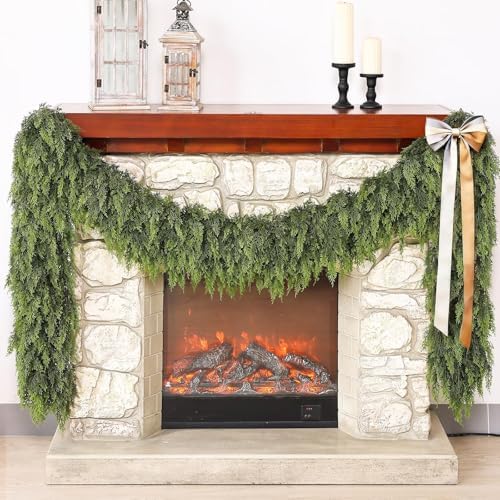 Real Touch Cedar Garland - Artificial Christmas Garlands Faux Green Cedar Fake Pine Needles Garland for Fireplace,Table, Stairs, Mantle, Window,Indoor Outdoor,Home,Holiday Decor(2 PCS,9 FT)