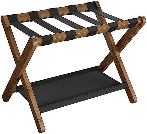SONGMICS Luggage Rack, Folding Suitcase Stand with Storage Shelf, for Guest Room, Hotel, Bedroom, Heavy-Duty, Holds up to 131 lb, Walnut Brown URLR007D01