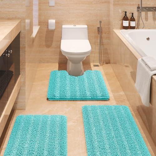 ACCUMTEK Striped Teal Green Bathroom Rug Set 3 Pieces Ultra Soft, Non Slip Chenille Toilet Mat, Absorbent Plush Shaggy Bath Mats for Bathroom, Bedroom, Kitchen, Turquoise