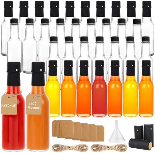 5 oz Hot Sauce Bottles, 35 Pack Clear Glass Woozy Bottles with Leak Proof Black Screw Caps, Empty Bottles for Sauces, Vanilla Extract, Wine, Beverage