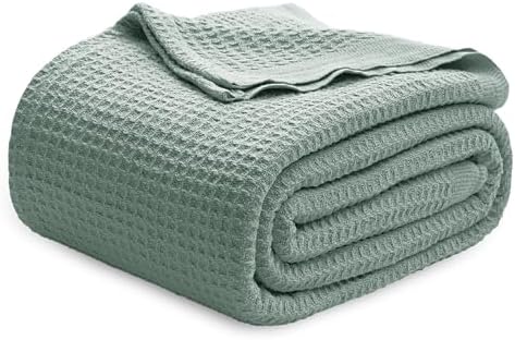Bedsure 100% Cotton Blanket King Size for Bed - Breathable and Soft, Waffle Weave Blanket for Summer Spring, Sage Green, 104x90 inches