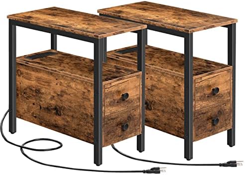 HOOBRO End Table with Charging Station, Narrow Side Table with 2 Drawer & Power Outlets, Nightstand Small Spaces, Rustic Brown and Black BF541BZP201