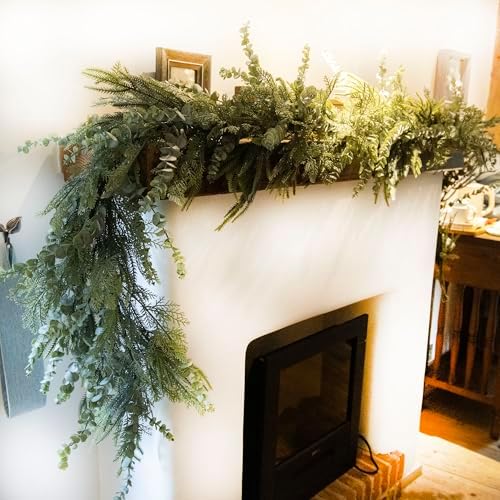 9ft Handmade Christmas Garland,Artificial Eucalyptus Cedar Pine Needles Greenery Seasonal Garland for Christmas Fireplace Winter Holiday Indoor Outdoor Decoration