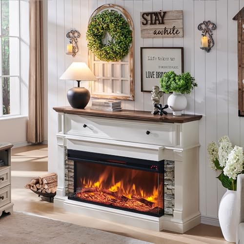 OKD 52" Electric Fireplace with Mantel, Freestanding Fireplace Heater TV Stand with 36" 3-Side Glass Insert for TVs Up to 65" with Storage Cabinet for Living Room, Antique White