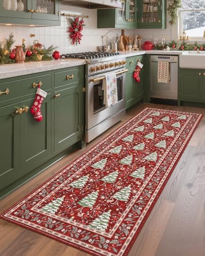 GarveeHome Red 2x6 Christmas Floor Kitchen Runner Rug Non Slip Washable Stain Resistant Christmas Tree Animals Print Holiday Decor Low-Pile Rugs for Hallway Bedroom with Rubber Back