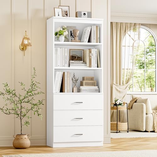FOTOSOK 71" H White Bookshelf with Drawers, Bookshelf and Bookcase with 3-Tier Open Shelves, Tall Bookcase Tall Storage Cabinet for Home Office