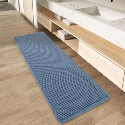 AMOAMI Upgraded Waffle Runner Rug Super Absorbent Non Slip Bath Mats for Bathroom Machine Washable Bathroom Runner Rug with Tassels, Ideal for Hallway Bedroom Laundry Room, 2'x 4'(24" x 48"), Blue