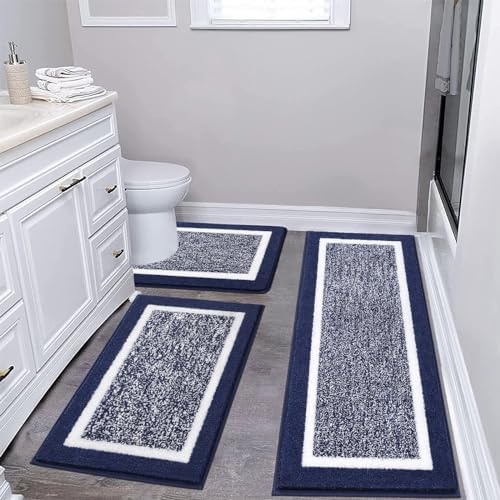 Pauwer Bathroom Rugs Sets 3 Piece Bathroom Shower Rugs with U-Shaped Contour Toilet Mat Absorbent Microfiber Plush Bath Mats Non Slip Bath Rugs Machine Washable Shaggy Bathroom Floor Mats, Navy