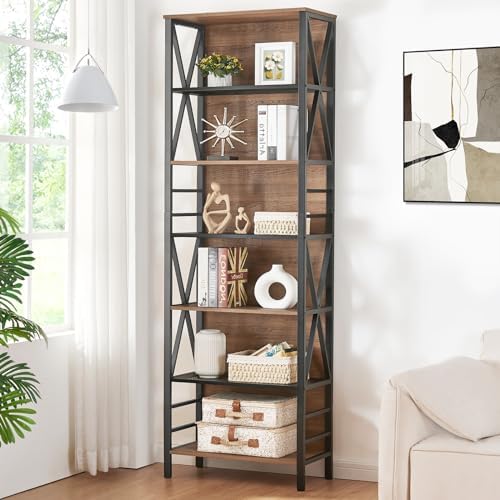 HOMISSUE Tall Bookshelf, 7-Tier Book Shelf, Rustic Wood Metal Bookshelves and Bookcases, Freestanding and Industrial Open Bookcase for Home Office, Living Room and Bedroom, Vintage Brown