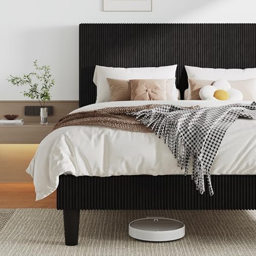 Allewie Queen Size Upholstered Bed Frame with Vertical Channel Tufted Headboard, Soft Corduroy Fabric Platform Bed, Strong Wooden Slats Support, Easy Assembly, No Box Spring Needed, Black