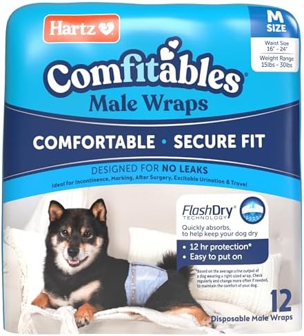 New! Hartz Comfitables Disposable Male Dog Wraps with Stretchy Waistband, Medium 12 Count