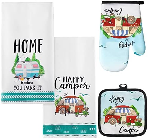 4 Pcs Camping Dish Towels Pot Holders Oven Mitts Set Making Memories One Campsite at a Time RV Kitchen Towels Soft Absorbent Pot Holder Camper Oven Mitt Dish Cloths Hand Towels