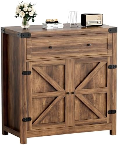 YESHOMY Coffee Bar and Accent Cabinet, Farmhouse Barn Door Buffet Sideboard with Drawer and Adjustable Shelf, Wide Desktop for Kitchen, Dining Room, Bathroom, Entryway, Brown