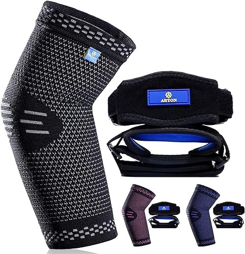 ABYON Compression Elbow Support, 1 Piece Compression Sleeve + 2 Pcs Tennis Elbow Pads for Men Women Pain Relieves Tendonitis, Arthritis, Tennis Elbow, Epicondylitis