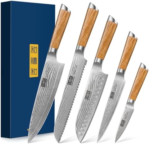 HOSHANHO 5 Pieces Kitchen Knife Sets, Ultra Sharp Professional Damascus Super Steel Chef Knives Sets with Ergonomic Olive Wood Handle, Including Chef, Bread, Santoku, Utility & Paring Knives