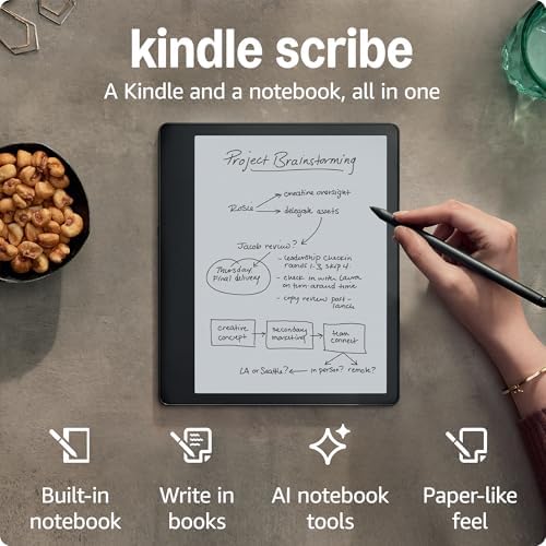 Amazon Kindle Scribe (16 GB) - Now write directly on books and documents. With built-in notebook summarization. A Kindle and notebook, all in one. Includes Basic Pen