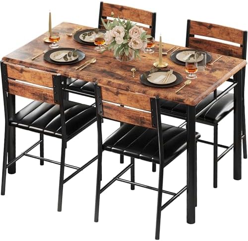 IRONCK Dining Table Set for 4, Wood Kitchen Table with Upholstered Chairs for Kitchen Room and Small Spaces, Rustic Brown
